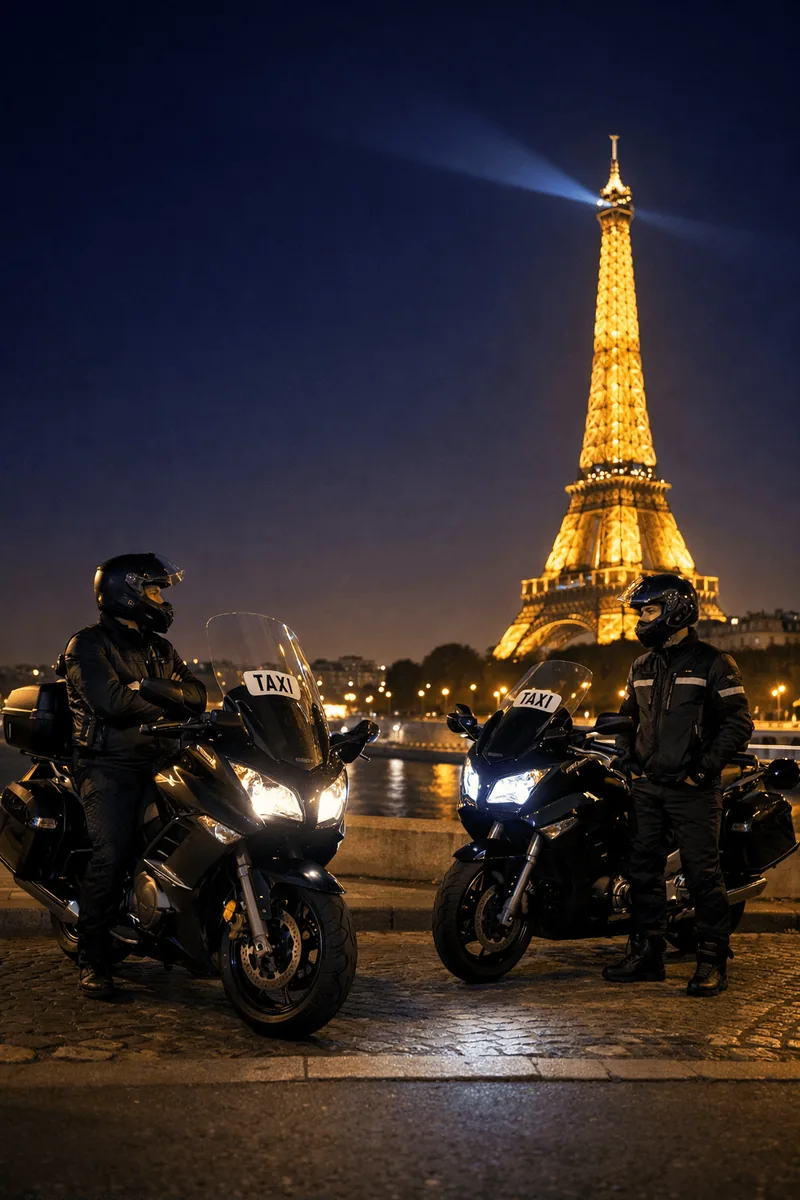 Taxi moto Maison Tower devant la Tour Eiffel, la nuit